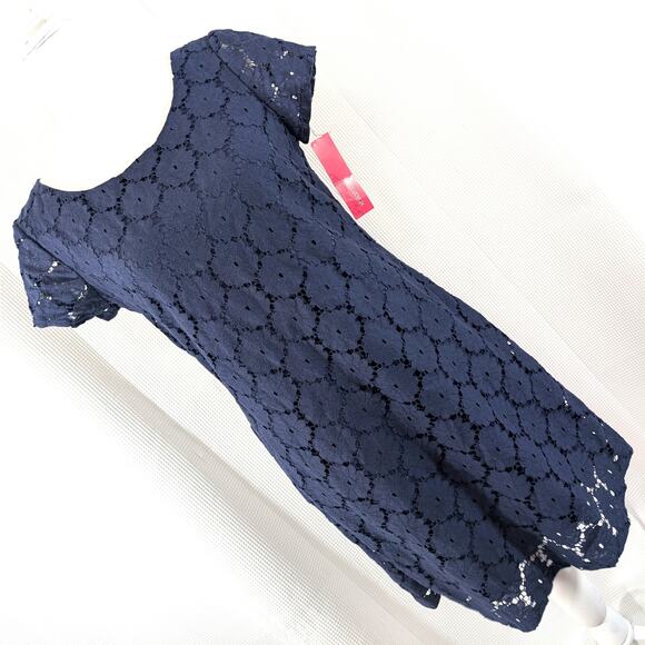 NWT! XHILERATION! NAVY BLUE STRETCH LACE OVER BLUE, BACK GOLD ZIPPER DRESS! SZ M - Picture 10 of 10